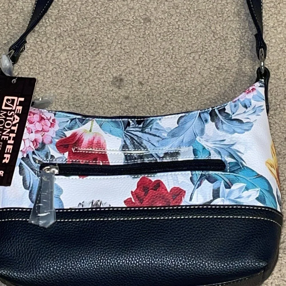 NWT $169 Leather STONE MOUNTAIN Pebbled Floral Hobo Purse
